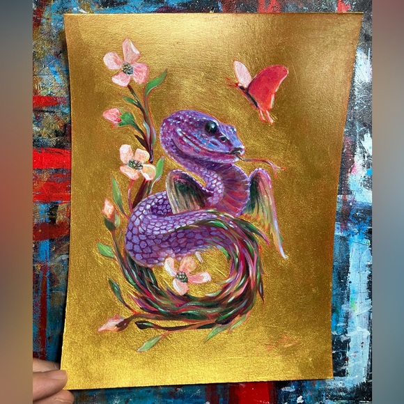 Artettina Other - Original Dragon painting snake flying serpent handmade art gold accents Ettina